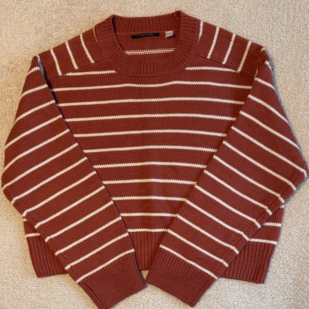 Tahari Dark Pink and Ivory Striped Sweater